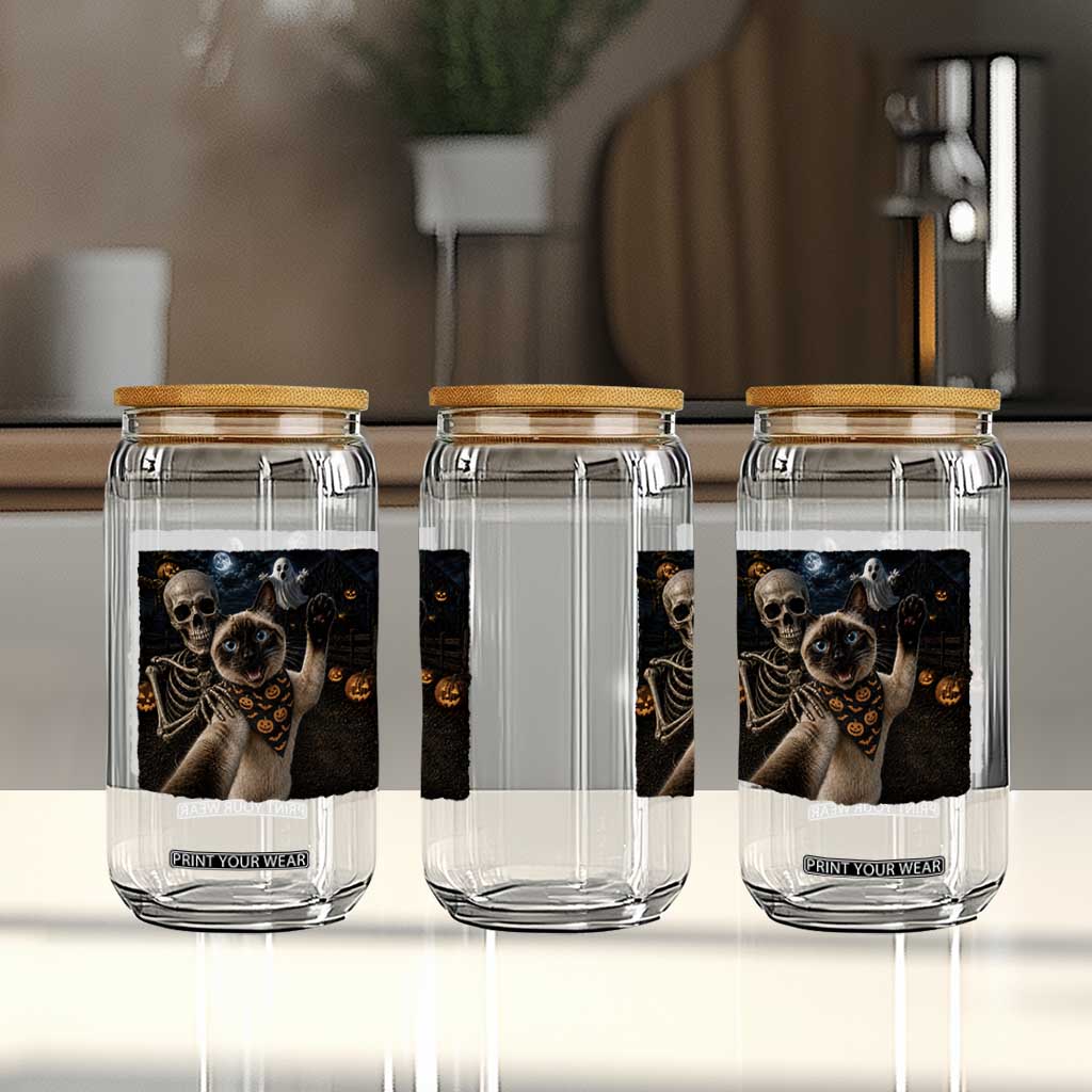 Funny Skeleton Selfie Siamese Cat Glass Can Halloween Spooky Cat Lover Gift TS12 Print Your Wear