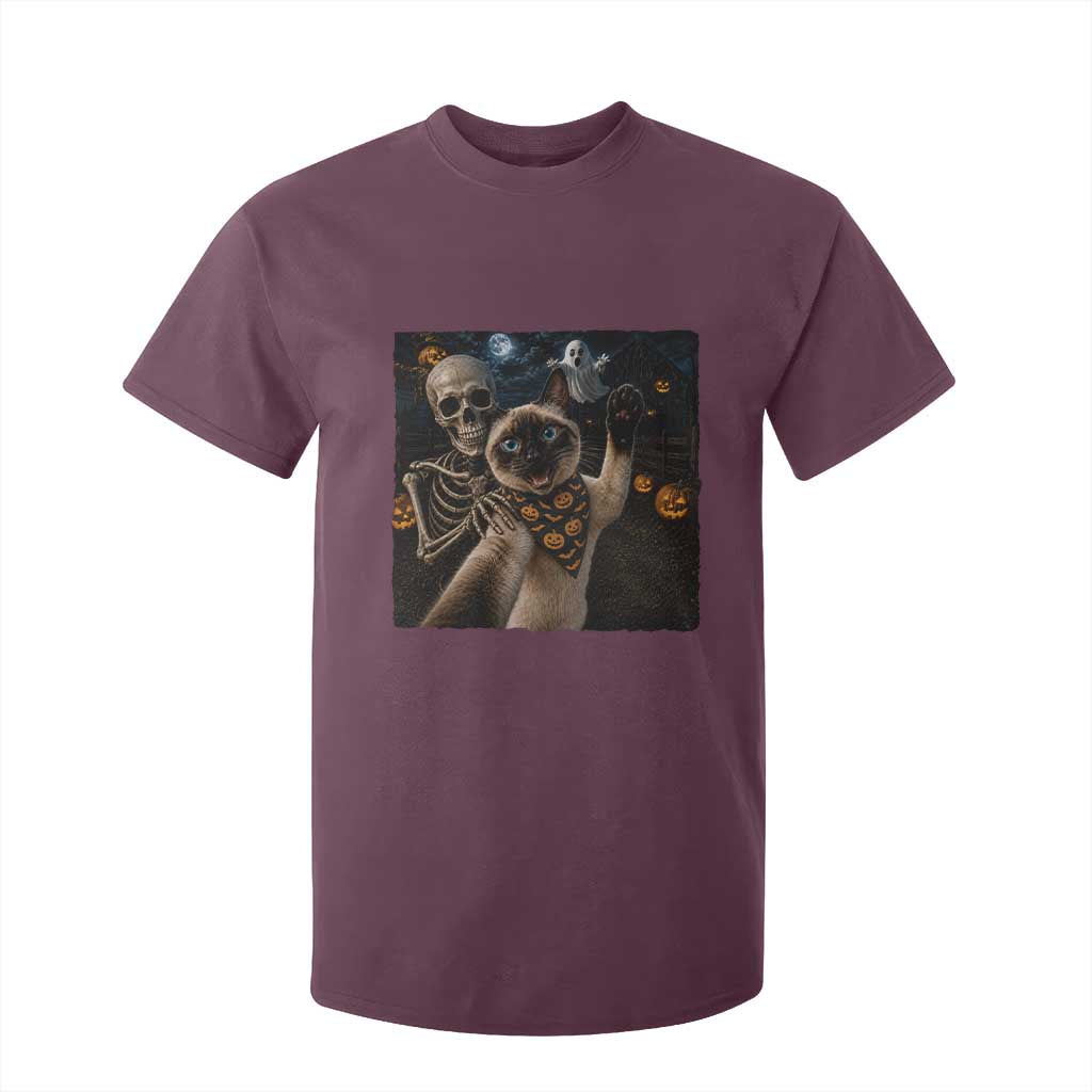 Funny Skeleton Selfie Siamese Cat T Shirt For Kid Halloween Spooky Cat Lover Gift TS12 Maroon Print Your Wear
