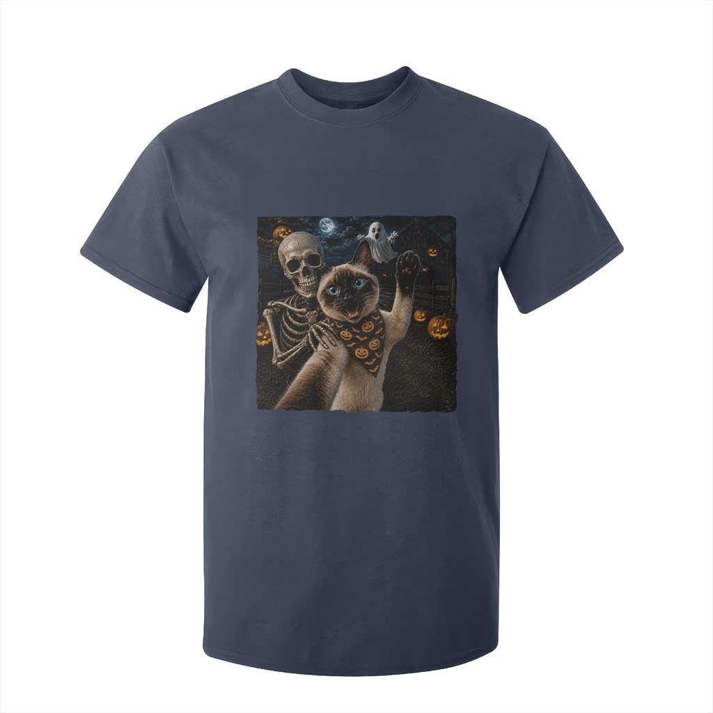 Funny Skeleton Selfie Siamese Cat T Shirt For Kid Halloween Spooky Cat Lover Gift TS12 Navy Print Your Wear