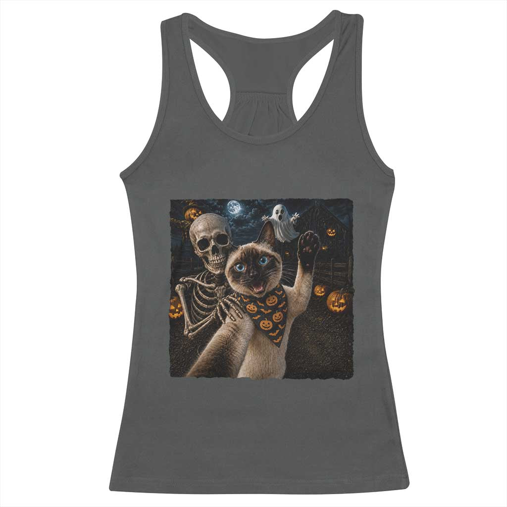 Funny Skeleton Selfie Siamese Cat Racerback Tank Top Halloween Spooky Cat Lover Gift TS12 Dark Heather Print Your Wear