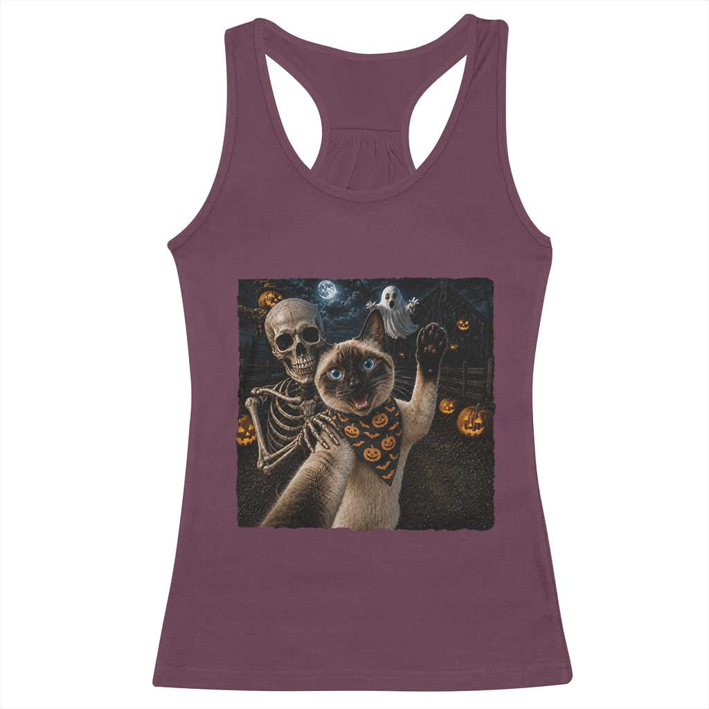 Funny Skeleton Selfie Siamese Cat Racerback Tank Top Halloween Spooky Cat Lover Gift TS12 Maroon Print Your Wear