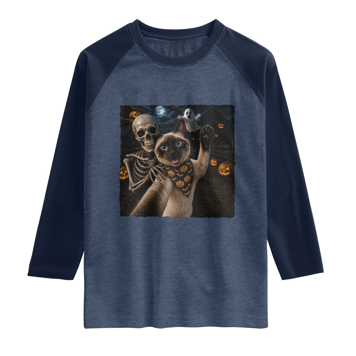 Funny Skeleton Selfie Siamese Cat Raglan Shirt Halloween Spooky Cat Lover Gift TS12 Heather Denim Navy Print Your Wear