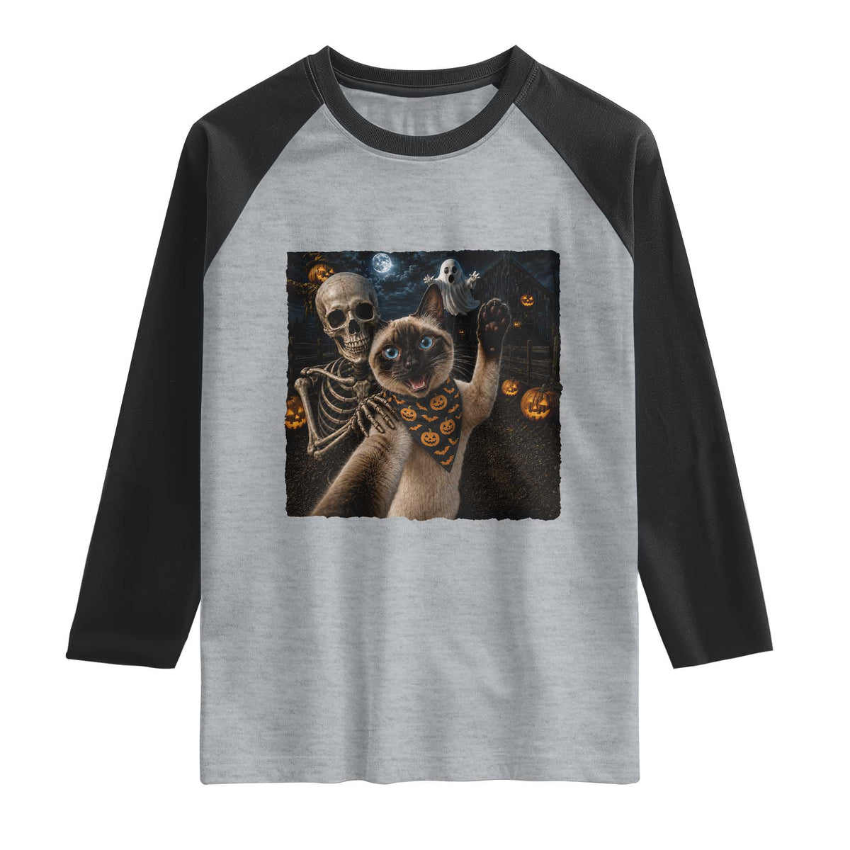 Funny Skeleton Selfie Siamese Cat Raglan Shirt Halloween Spooky Cat Lover Gift TS12 Heather Gray Black Print Your Wear
