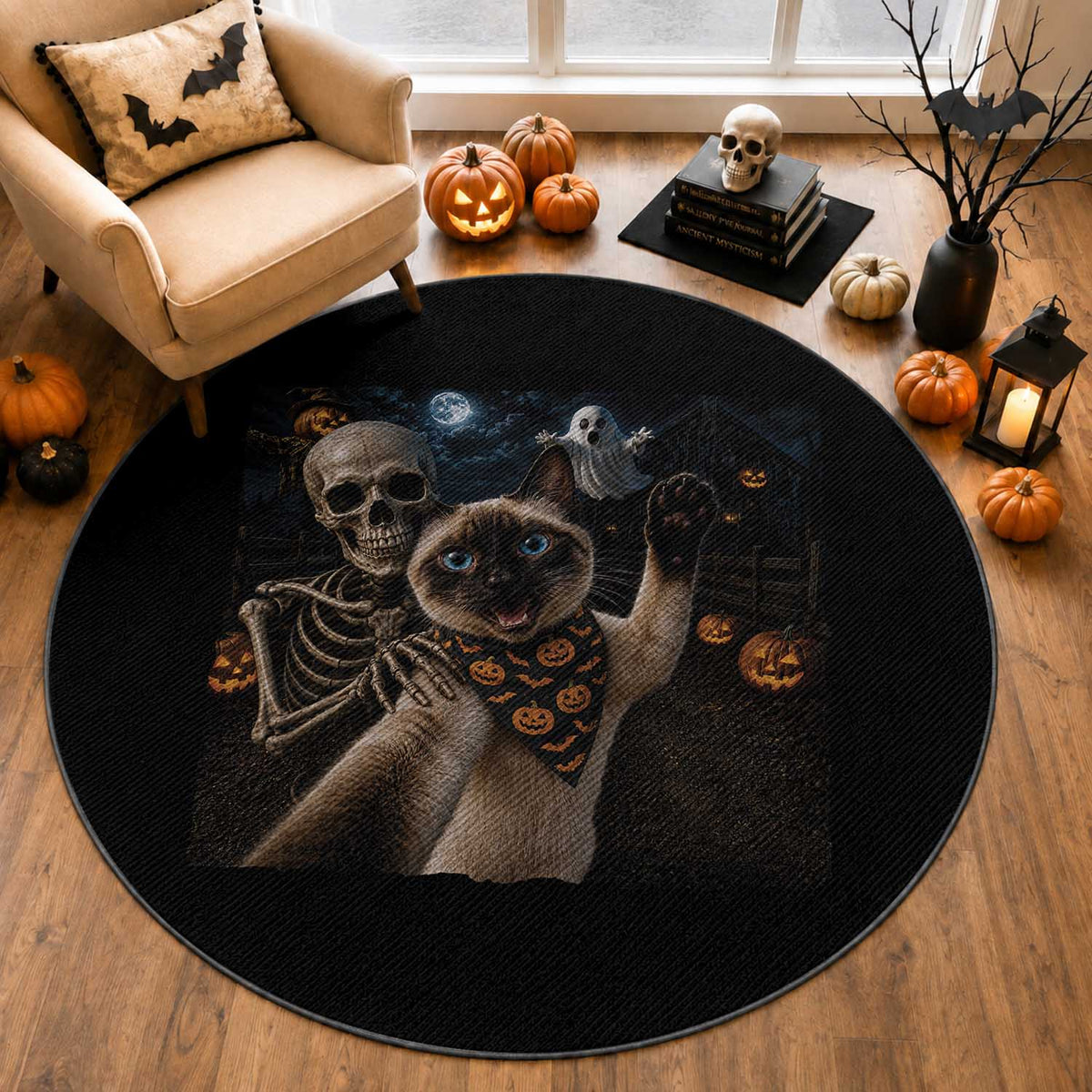 Funny Skeleton Selfie Siamese Cat Round Rug Halloween Spooky Cat Lover Gift