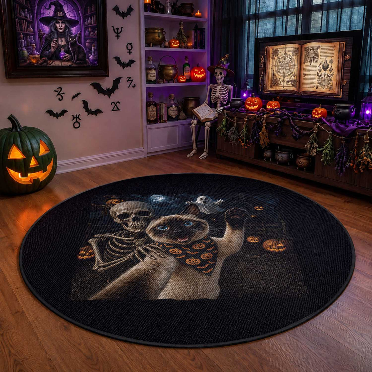Funny Skeleton Selfie Siamese Cat Round Rug Halloween Spooky Cat Lover Gift