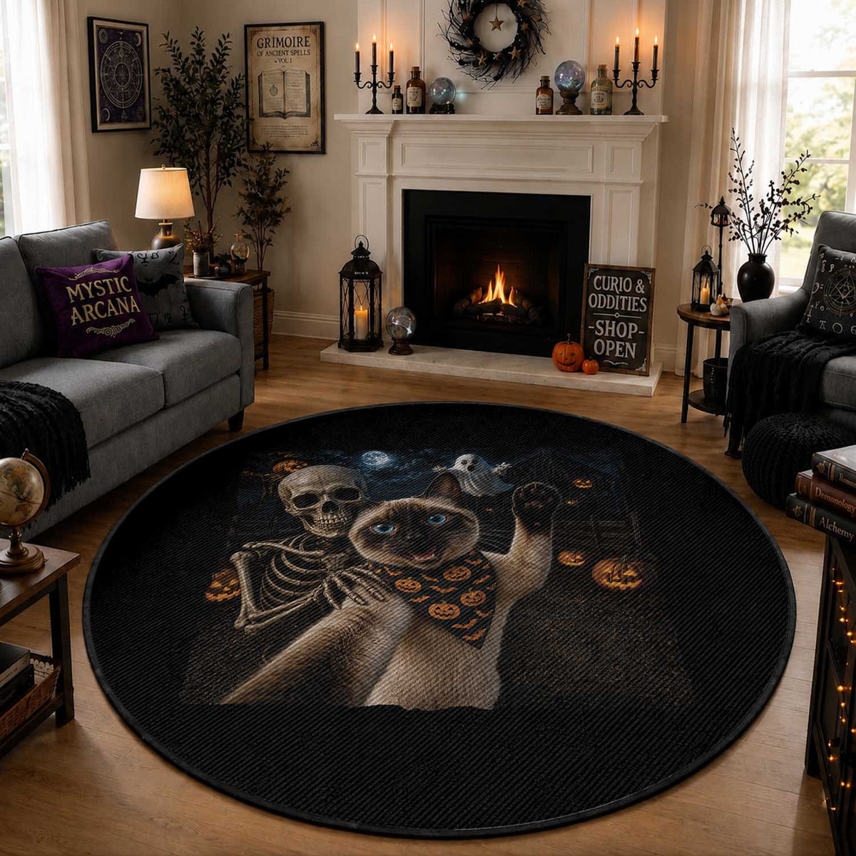 Funny Skeleton Selfie Siamese Cat Round Rug Halloween Spooky Cat Lover Gift