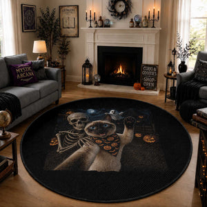 Funny Skeleton Selfie Siamese Cat Round Rug Halloween Spooky Cat Lover Gift