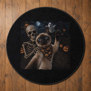 Funny Skeleton Selfie Siamese Cat Round Rug Halloween Spooky Cat Lover Gift