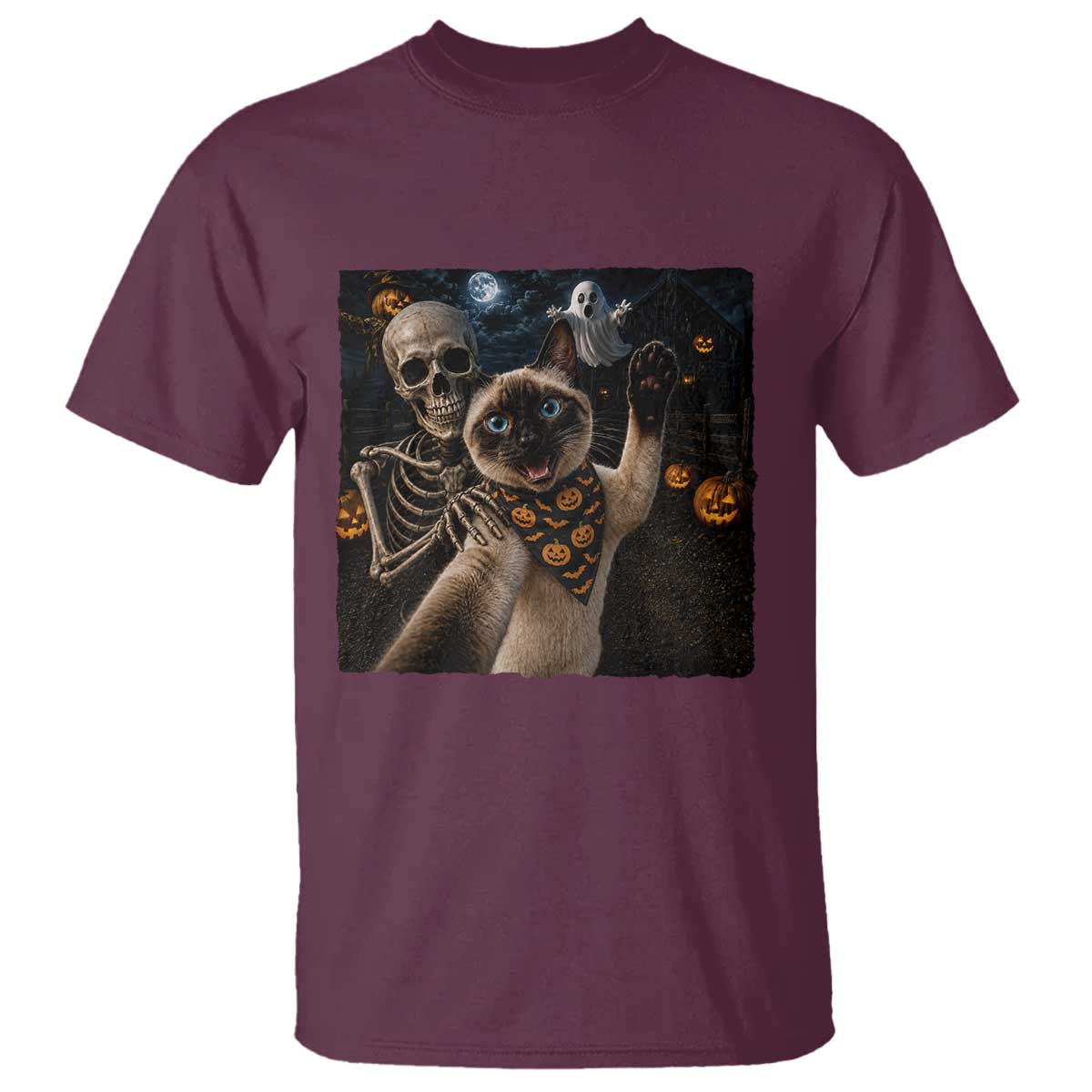Funny Skeleton Selfie Siamese Cat T Shirt Halloween Spooky Cat Lover Gift TS12 Maroon Print Your Wear