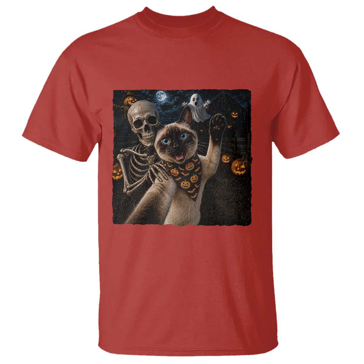 Funny Skeleton Selfie Siamese Cat T Shirt Halloween Spooky Cat Lover Gift TS12 Red Print Your Wear