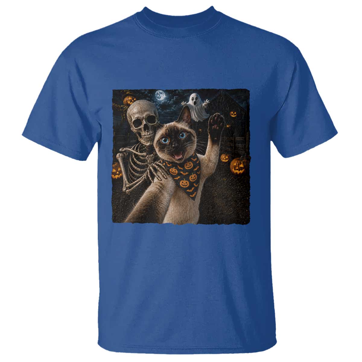 Funny Skeleton Selfie Siamese Cat T Shirt Halloween Spooky Cat Lover Gift TS12 Royal Blue Print Your Wear