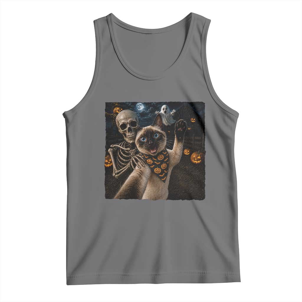 Funny Skeleton Selfie Siamese Cat Tank Top Halloween Spooky Cat Lover Gift TS12 Black Heather Print Your Wear