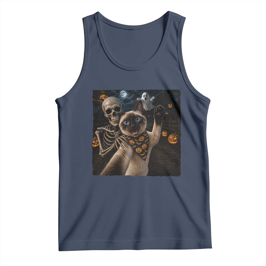 Funny Skeleton Selfie Siamese Cat Tank Top Halloween Spooky Cat Lover Gift TS12 Navy Print Your Wear