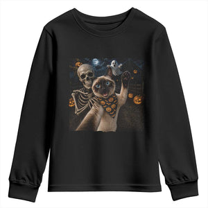 Funny Skeleton Selfie Siamese Cat Youth Sweatshirt Halloween Spooky Cat Lover Gift TS12 Black Print Your Wear