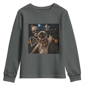 Funny Skeleton Selfie Siamese Cat Youth Sweatshirt Halloween Spooky Cat Lover Gift TS12 Dark Heather Print Your Wear