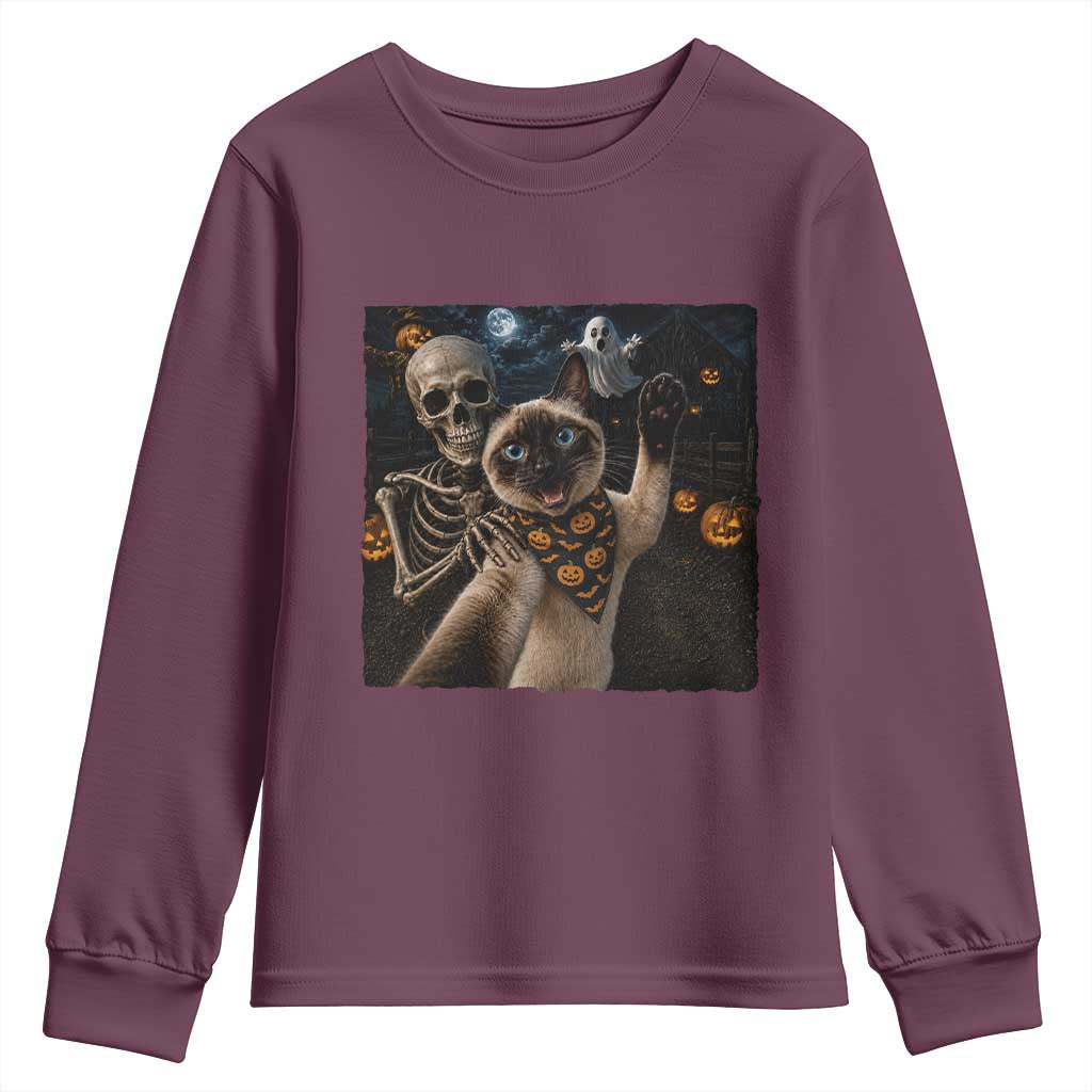 Funny Skeleton Selfie Siamese Cat Youth Sweatshirt Halloween Spooky Cat Lover Gift TS12 Maroon Print Your Wear