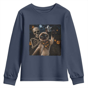 Funny Skeleton Selfie Siamese Cat Youth Sweatshirt Halloween Spooky Cat Lover Gift TS12 Navy Print Your Wear