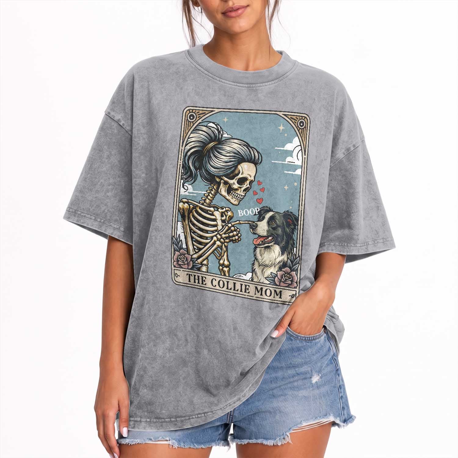 Border Collie Mom Skeleton Tarot Card Washed Cotton T-Shirt Boop Sheepdog Dog Lover Gift