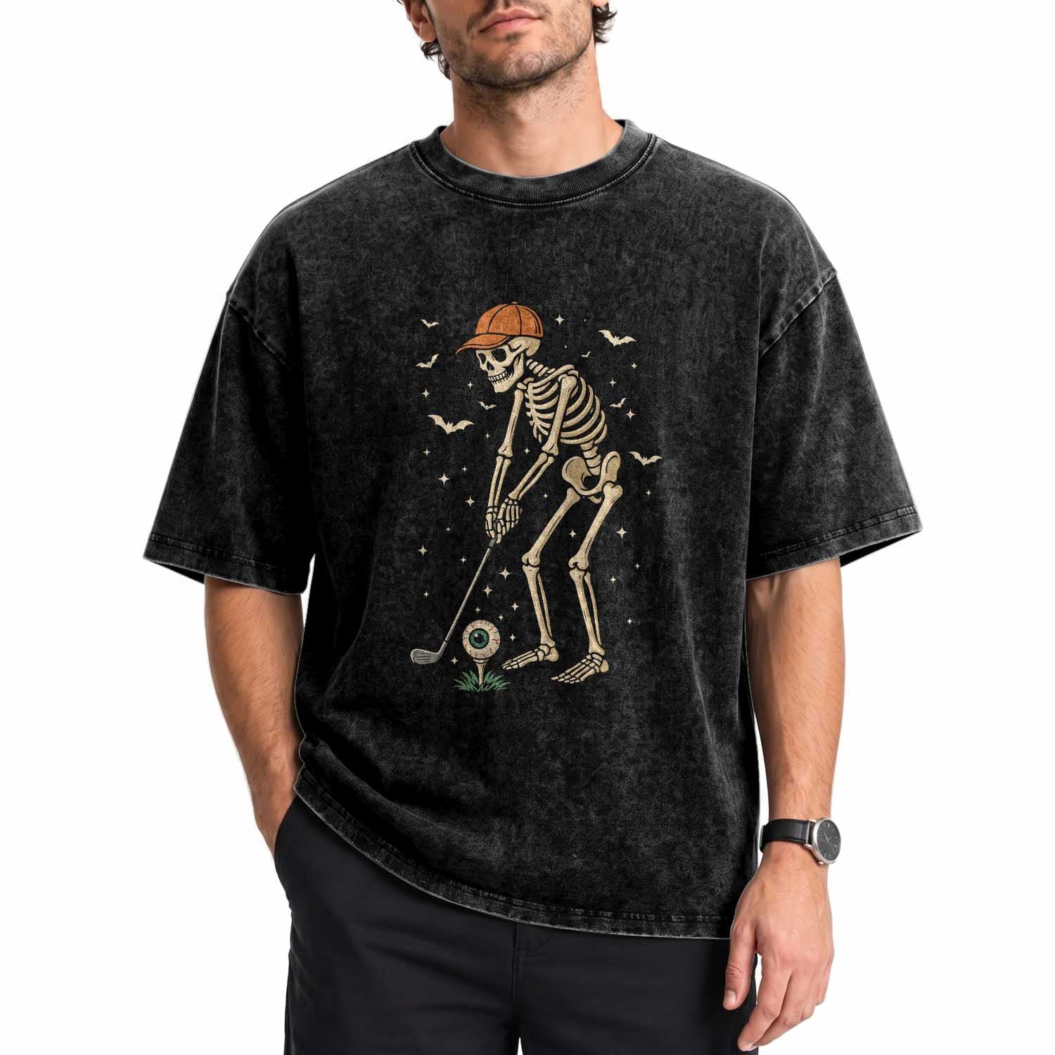 Halloween Skeleton Golfer Washed Cotton T-Shirt Funny Golf Lover Gift