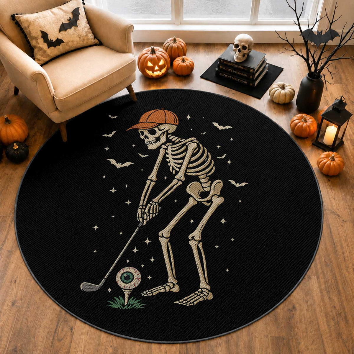 Halloween Skeleton Golfer Round Rug Funny Golf Lover Gift