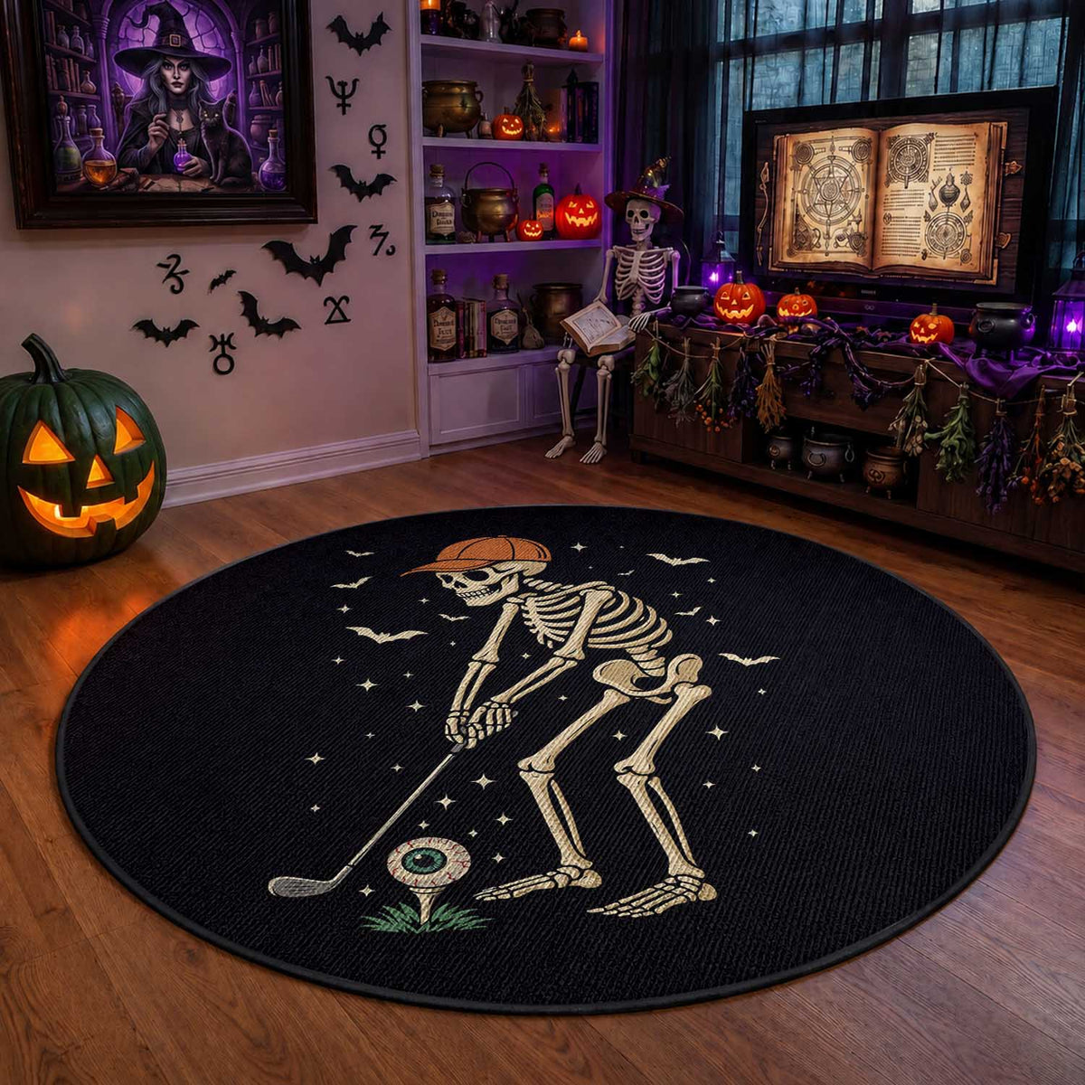 Halloween Skeleton Golfer Round Rug Funny Golf Lover Gift
