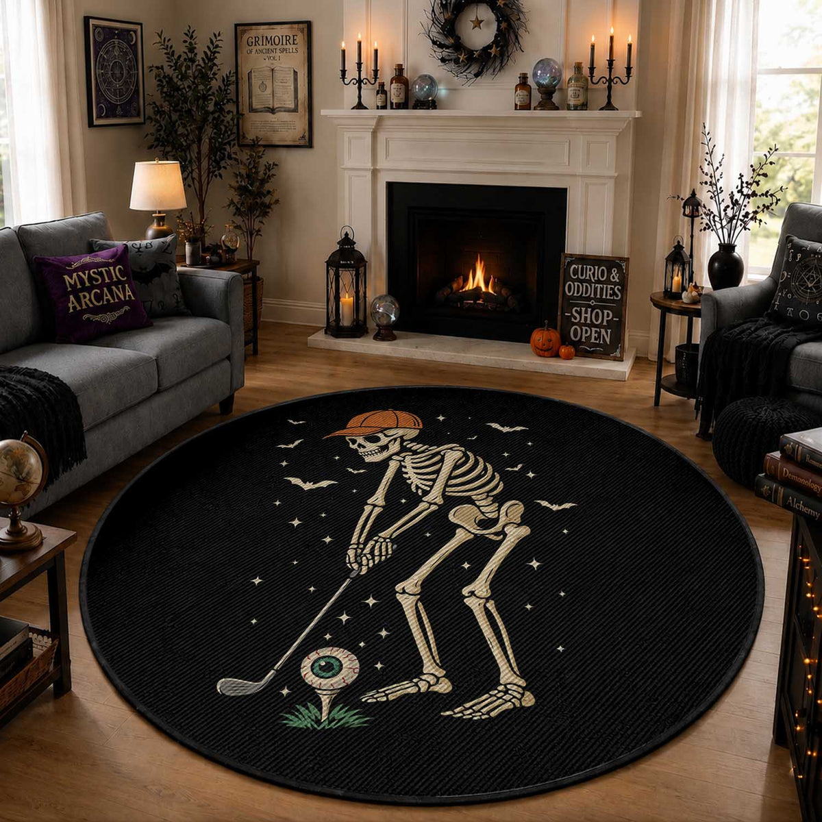 Halloween Skeleton Golfer Round Rug Funny Golf Lover Gift
