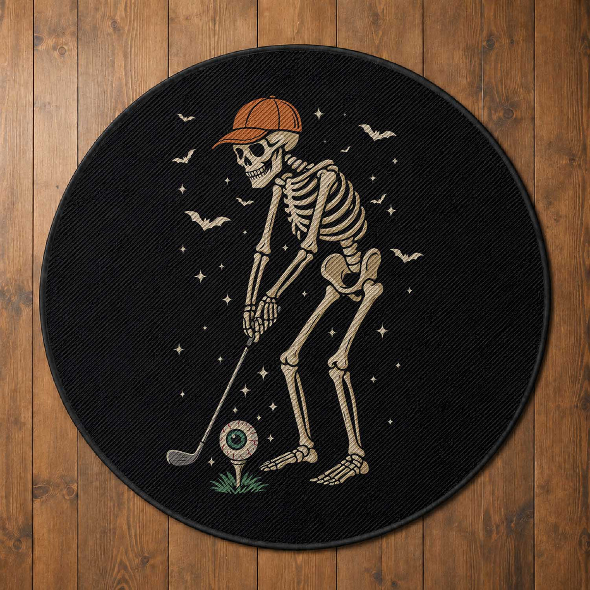 Halloween Skeleton Golfer Round Rug Funny Golf Lover Gift