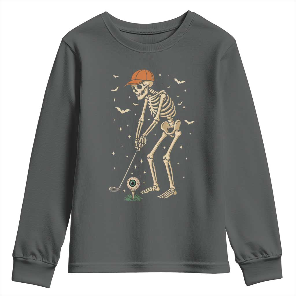 Halloween Skeleton Golfer Youth Sweatshirt Funny Golf Lover Gift TS12 Dark Heather Print Your Wear