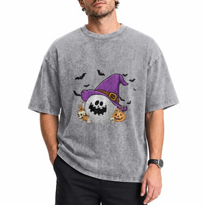 Halloween Golfer Gift Washed Cotton T-Shirt Creepy Golf Ball With Witch Hat