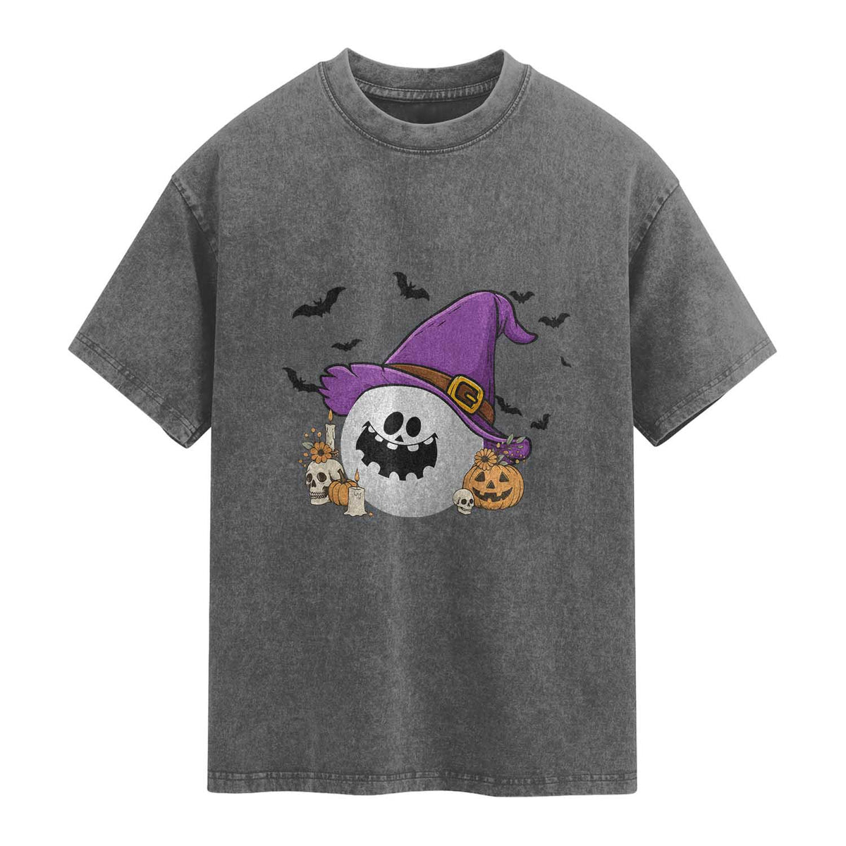 Halloween Golfer Gift Washed Cotton T-Shirt Creepy Golf Ball With Witch Hat