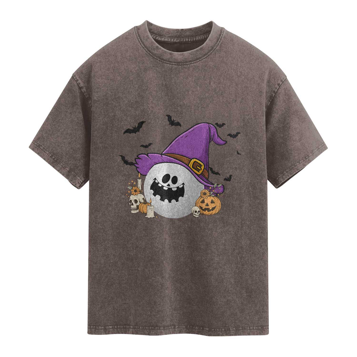 Halloween Golfer Gift Washed Cotton T-Shirt Creepy Golf Ball With Witch Hat