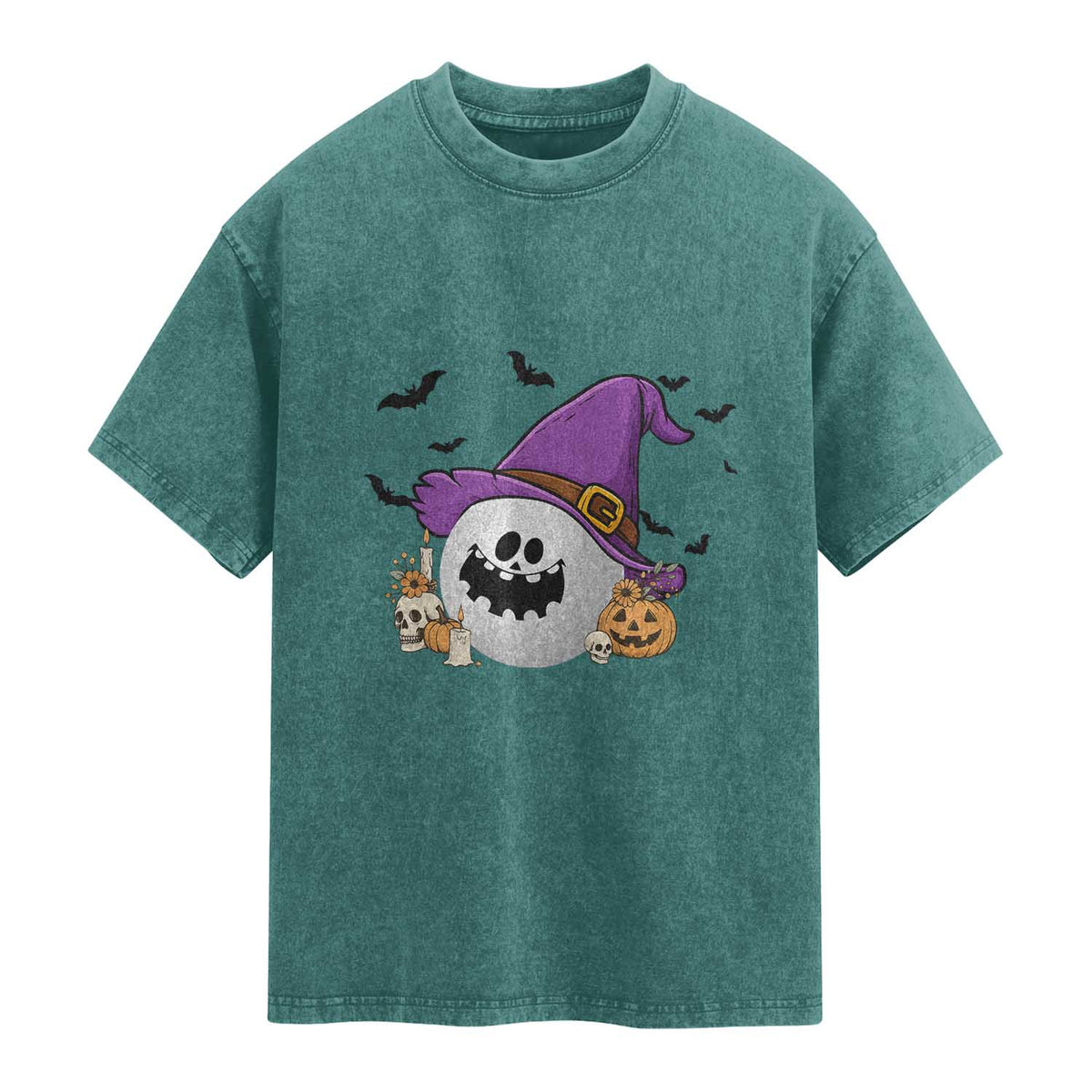 Halloween Golfer Gift Washed Cotton T-Shirt Creepy Golf Ball With Witch Hat