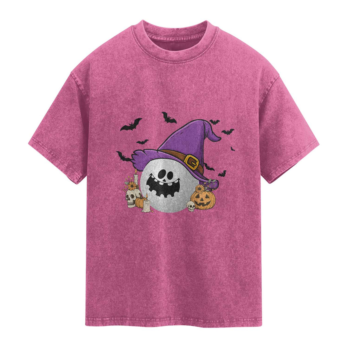 Halloween Golfer Gift Washed Cotton T-Shirt Creepy Golf Ball With Witch Hat