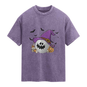 Halloween Golfer Gift Washed Cotton T-Shirt Creepy Golf Ball With Witch Hat
