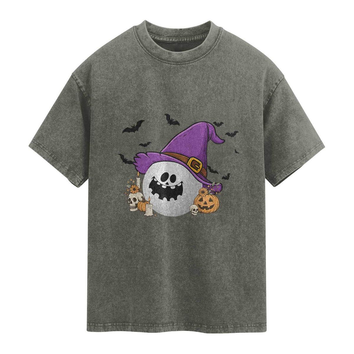 Halloween Golfer Gift Washed Cotton T-Shirt Creepy Golf Ball With Witch Hat