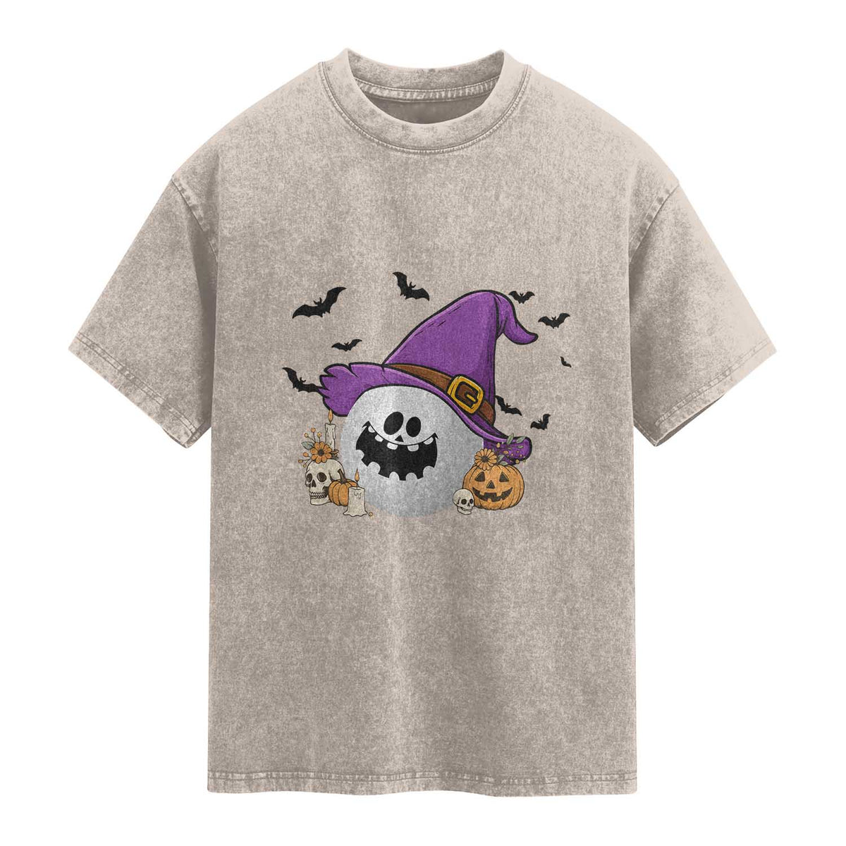 Halloween Golfer Gift Washed Cotton T-Shirt Creepy Golf Ball With Witch Hat