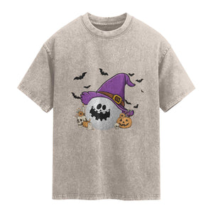 Halloween Golfer Gift Washed Cotton T-Shirt Creepy Golf Ball With Witch Hat