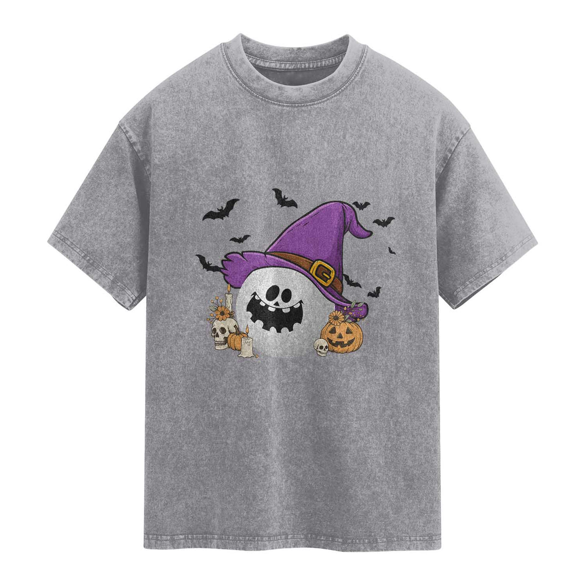 Halloween Golfer Gift Washed Cotton T-Shirt Creepy Golf Ball With Witch Hat