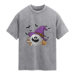 Halloween Golfer Gift Washed Cotton T-Shirt Creepy Golf Ball With Witch Hat