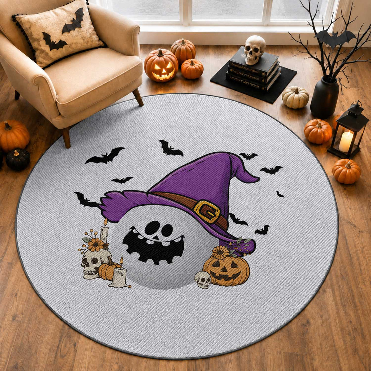Halloween Golfer Gift Round Rug Creepy Golf Ball With Witch Hat