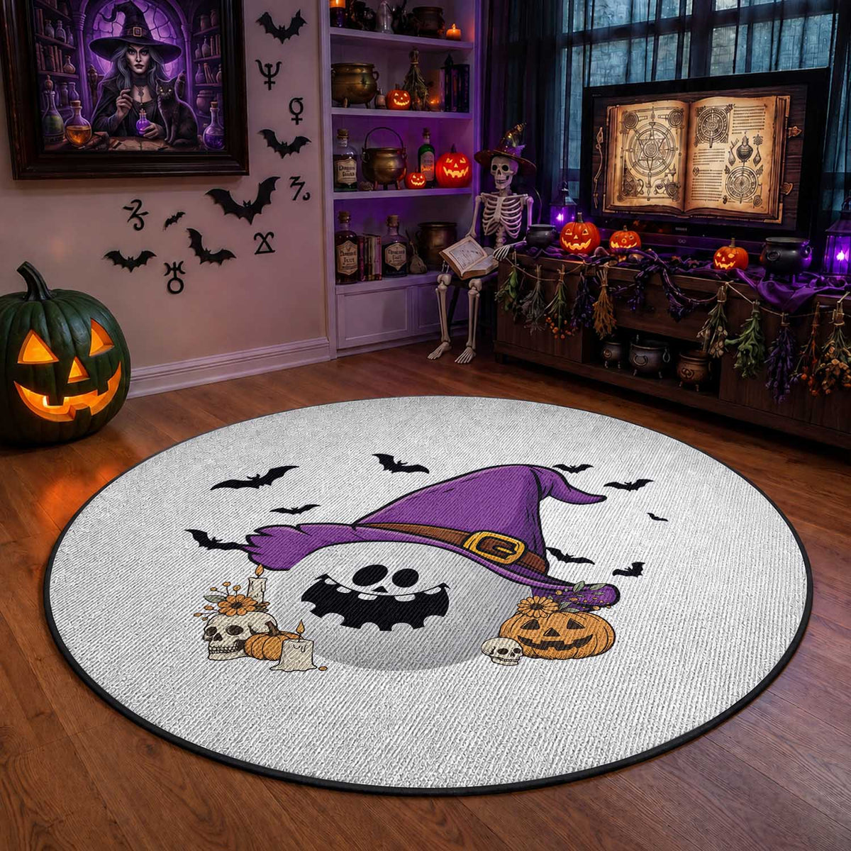 Halloween Golfer Gift Round Rug Creepy Golf Ball With Witch Hat