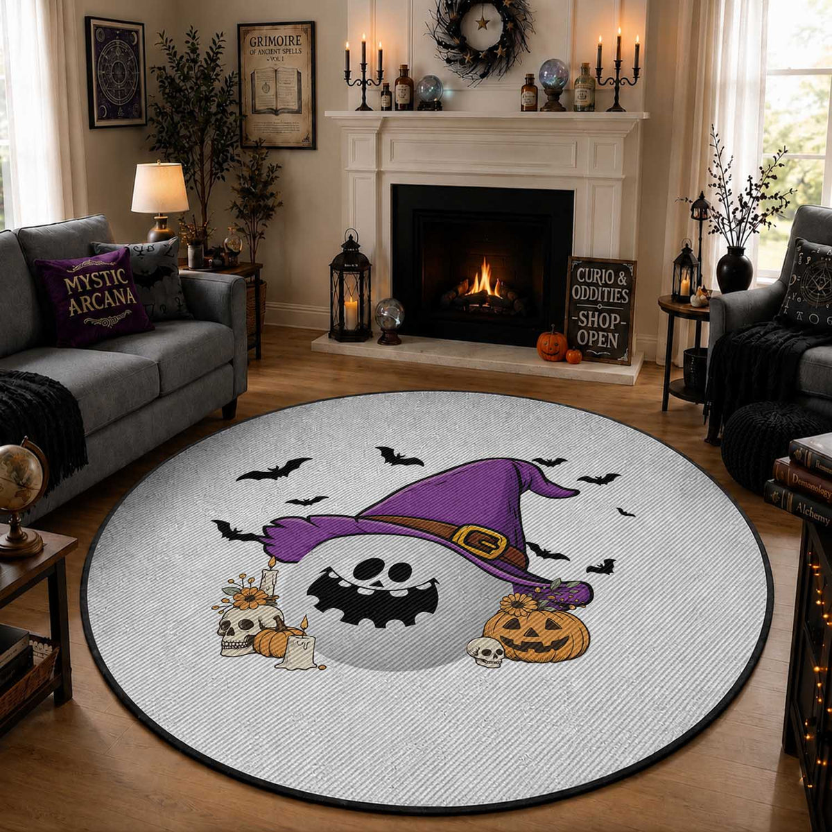 Halloween Golfer Gift Round Rug Creepy Golf Ball With Witch Hat