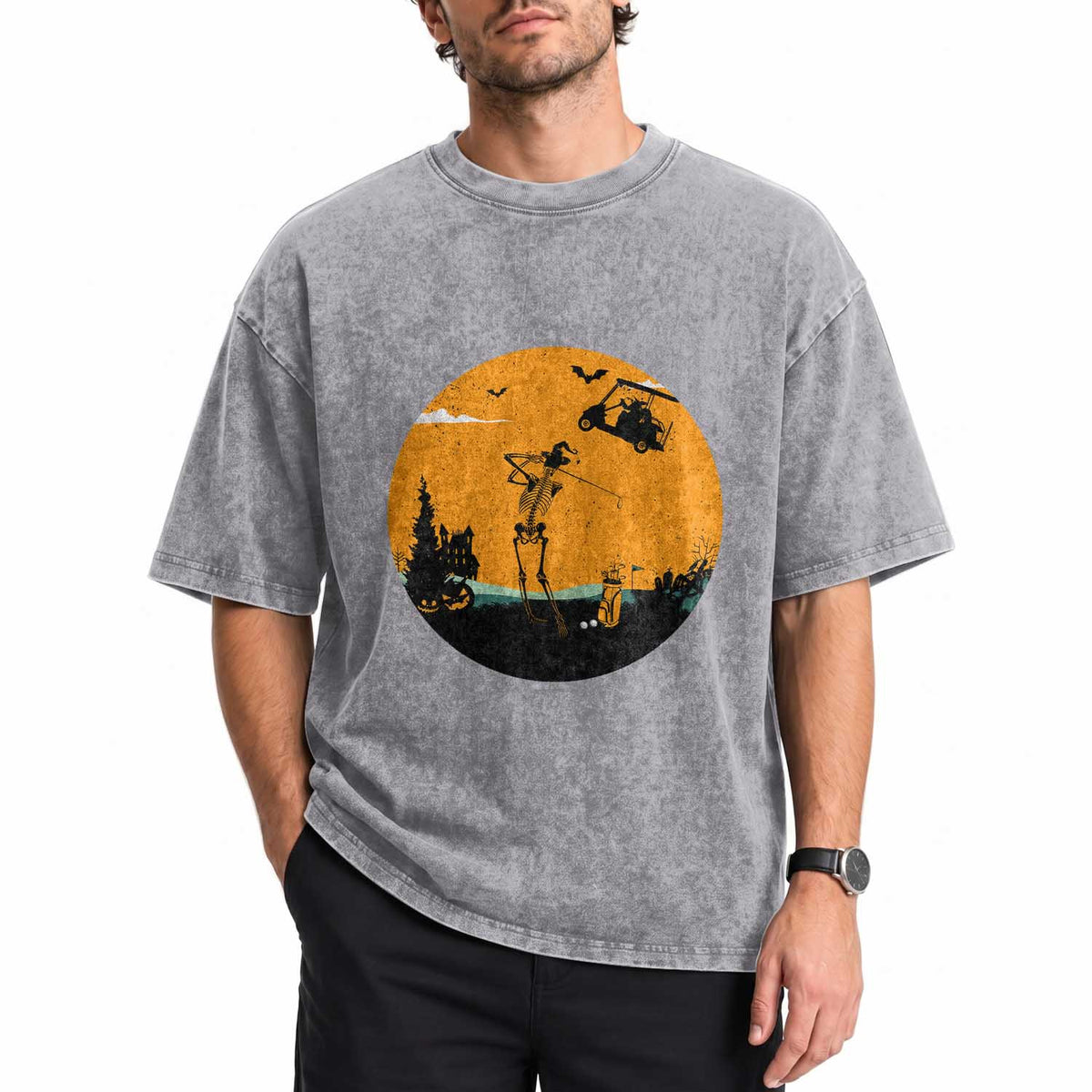 Funny Skeleton Golf Player Washed Cotton T-Shirt Halloween Gift