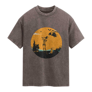 Funny Skeleton Golf Player Washed Cotton T-Shirt Halloween Gift