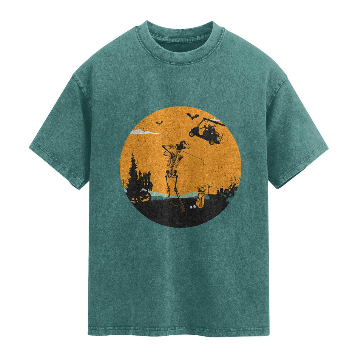 Funny Skeleton Golf Player Washed Cotton T-Shirt Halloween Gift