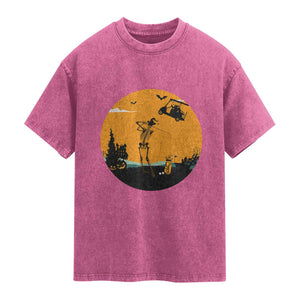 Funny Skeleton Golf Player Washed Cotton T-Shirt Halloween Gift