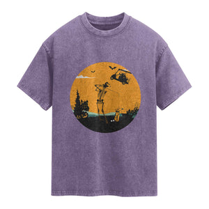 Funny Skeleton Golf Player Washed Cotton T-Shirt Halloween Gift
