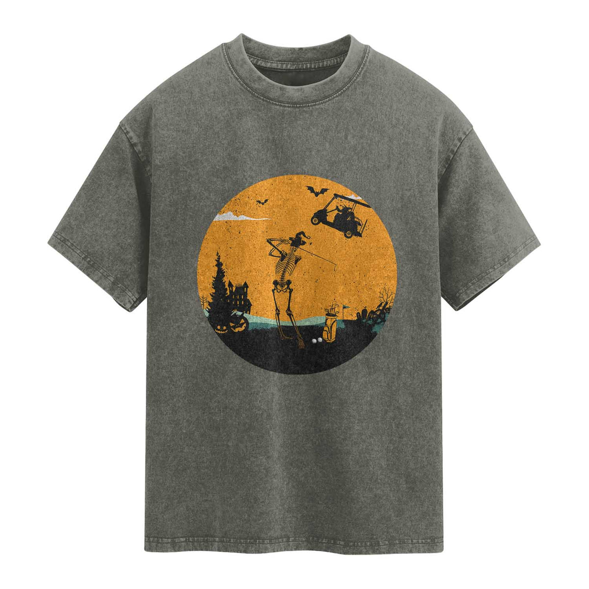 Funny Skeleton Golf Player Washed Cotton T-Shirt Halloween Gift