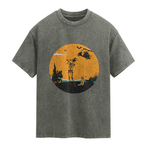 Funny Skeleton Golf Player Washed Cotton T-Shirt Halloween Gift