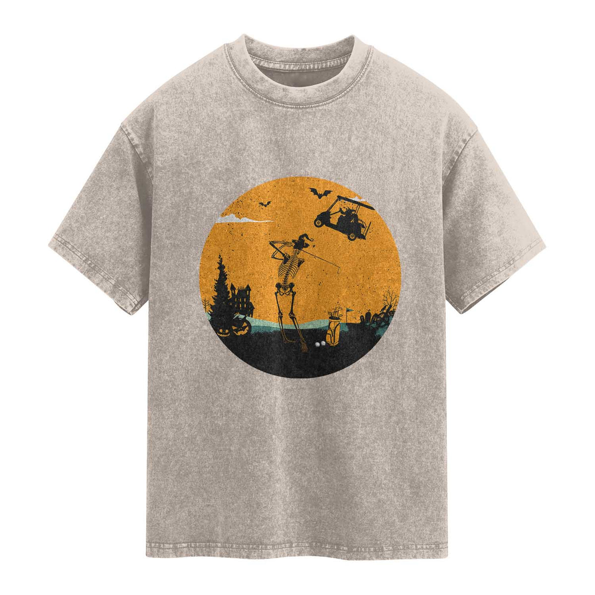 Funny Skeleton Golf Player Washed Cotton T-Shirt Halloween Gift